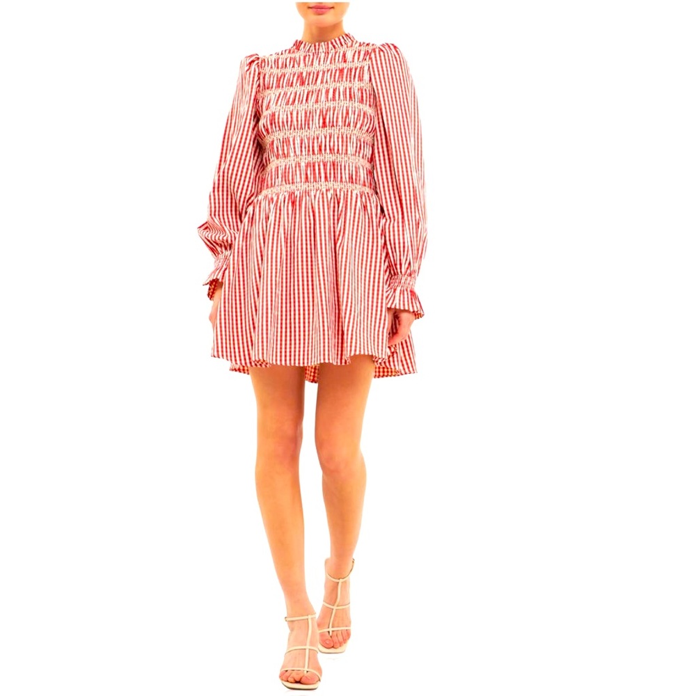 NWT SZ X-Small English Factory Gingham Smocked Long Sleeve Minidress